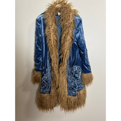 Free People Moon Glow Velvet Coat Blue Tan Embroidered Faux Fur Trim Medium NEW