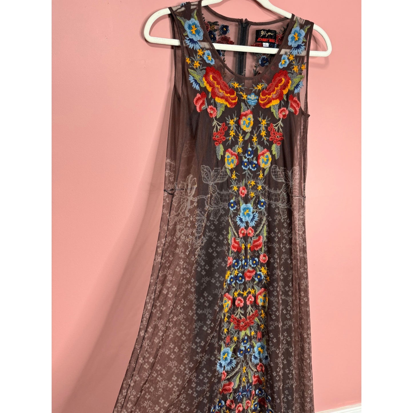 Johnny Was Eleir Printed Mesh Maxi Dress Size XS Floral Sleeveless Embroidered
