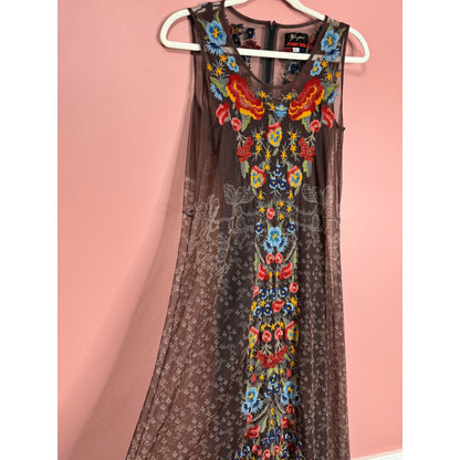 Johnny Was Eleir Printed Mesh Maxi Dress Size XS Floral Sleeveless Embroidered