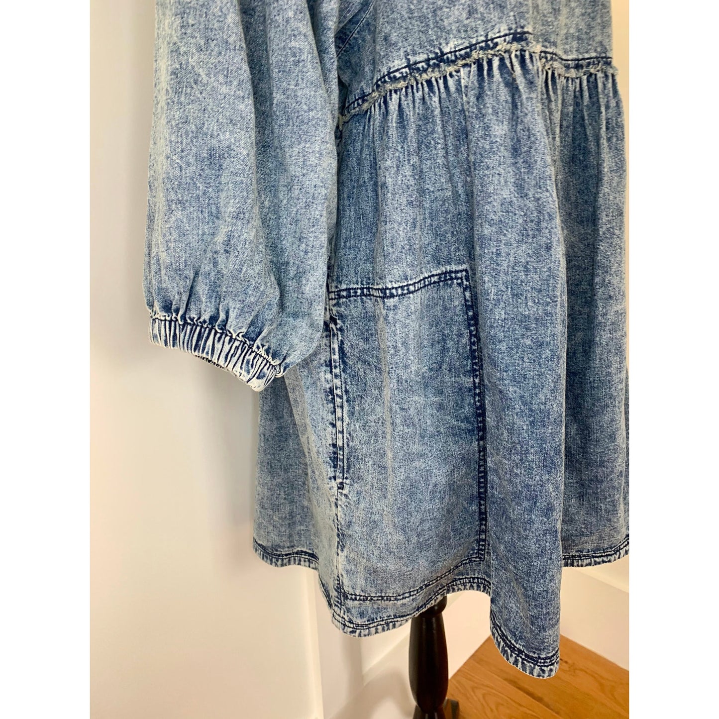 Free People Get Obsessed Denim Baby Doll Dress in Blue Medium 3/4 Sleeve Cotton