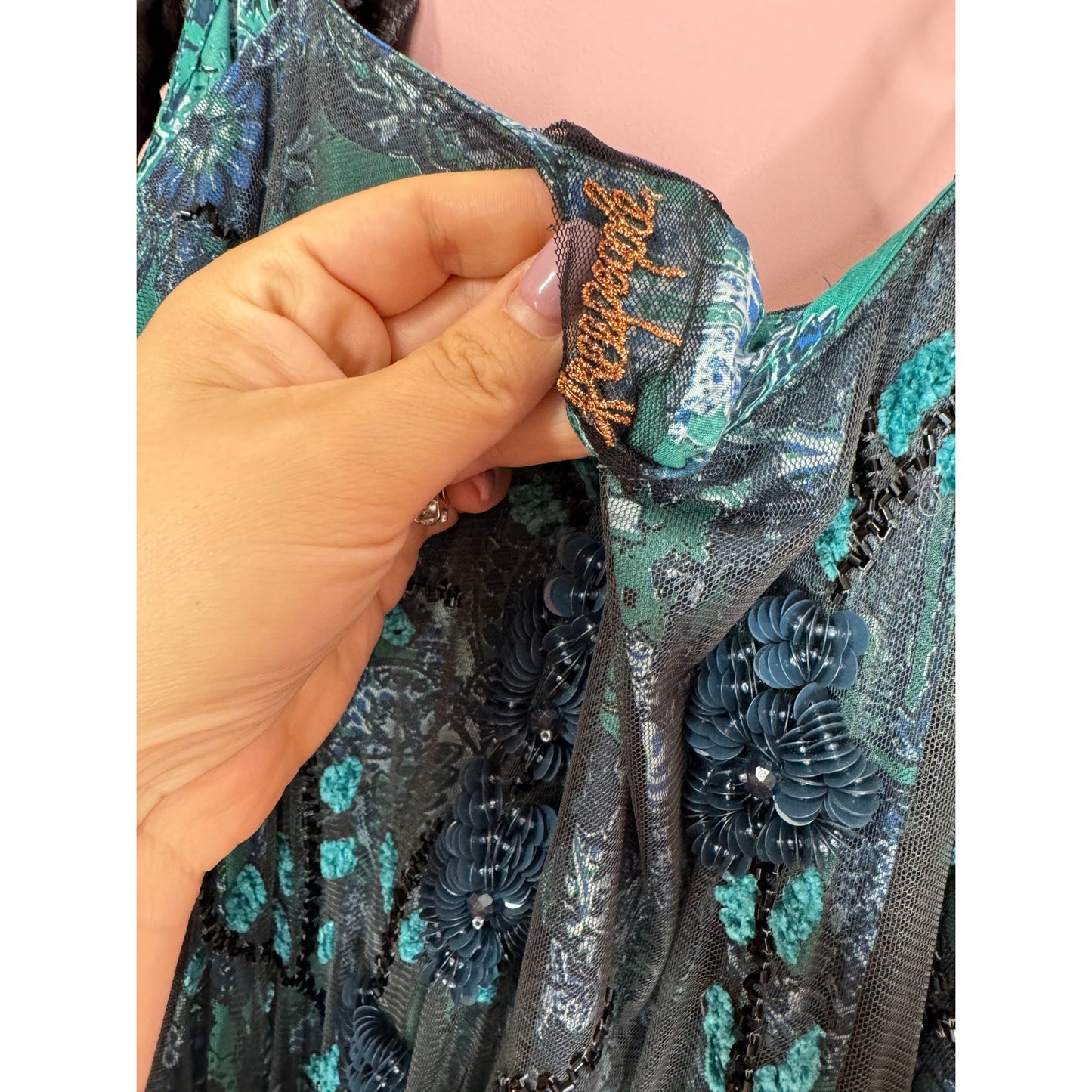 Free People Pure Heart Mini Dress Sleeveless Large Floral Paisley Sequin Lined