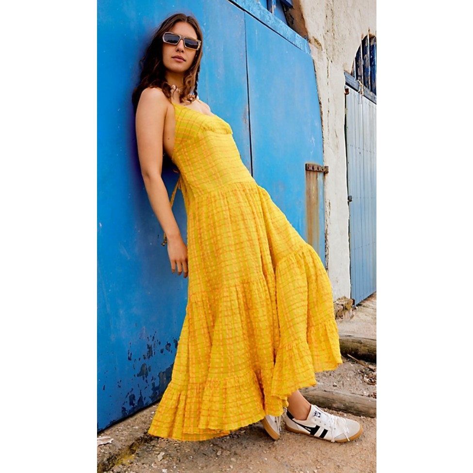 Free People Marigold Maxi Dress in Turmeric Combo Small Sleeveless Boho Cotton