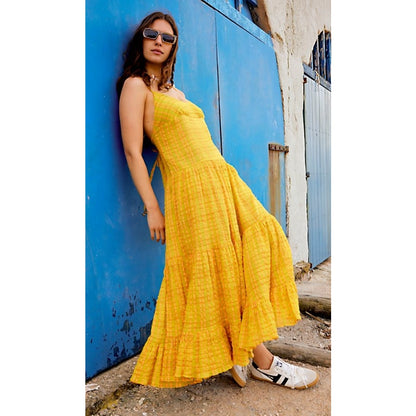 Free People Marigold Maxi Dress in Turmeric Combo Small Sleeveless Boho Cotton