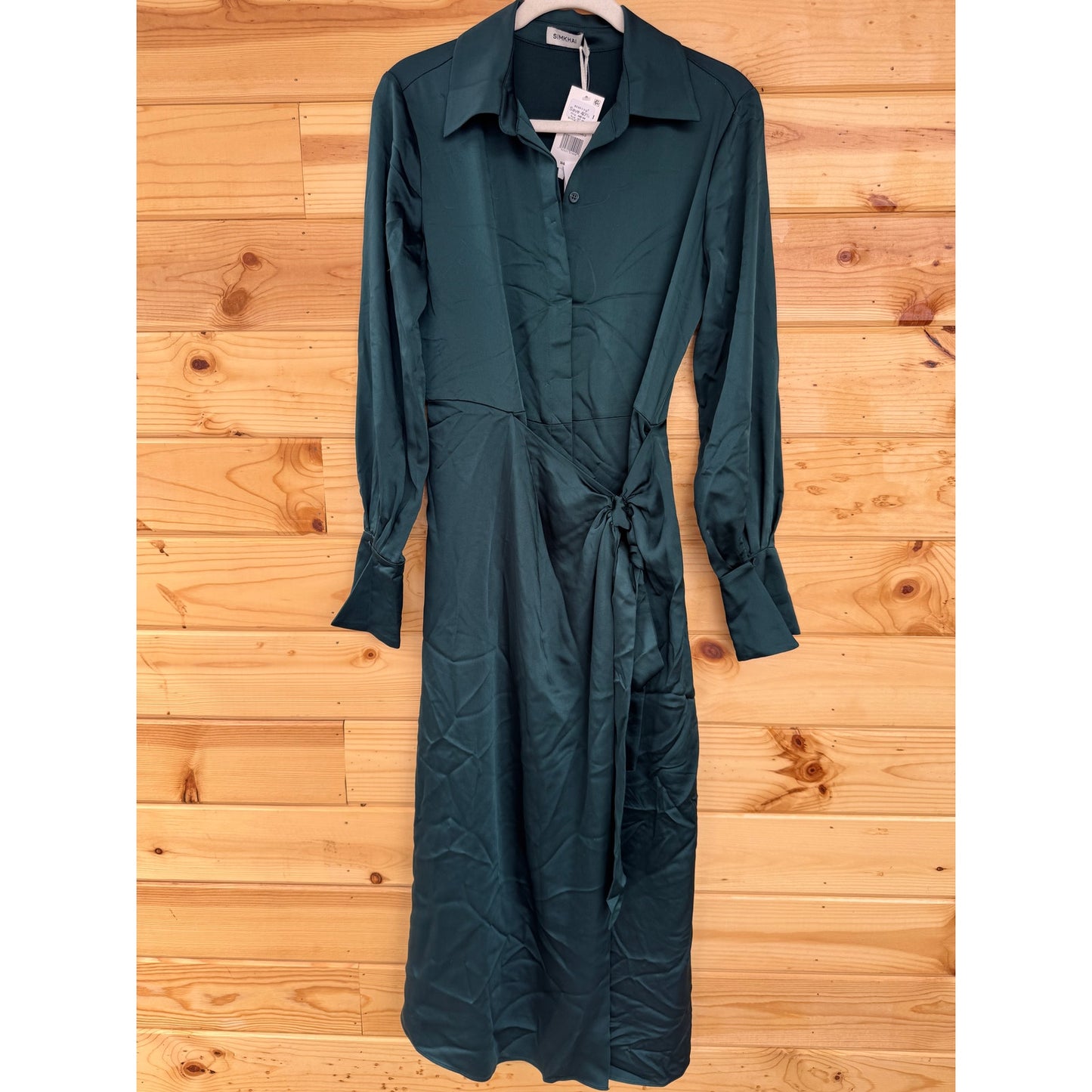 SIMKHAI Jonathon Simkhai Samba Wrap-effect Satin Midi Shirt Dress in Emerald Size 2