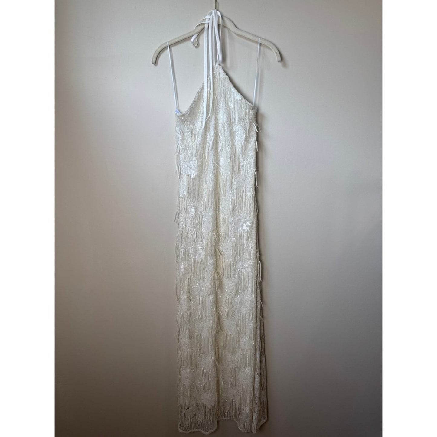 Show Me Your Mumu White Sequin Fringe Halter Maxi Dress XXS Bridal Formal Gown