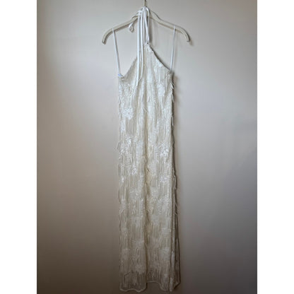 Show Me Your Mumu White Sequin Fringe Halter Maxi Dress XXS Bridal Formal Gown