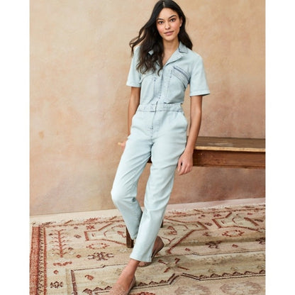 Faherty Brand Organic Cotton Denim Short Sleeve Utility Jumpsuit Light Wash XS