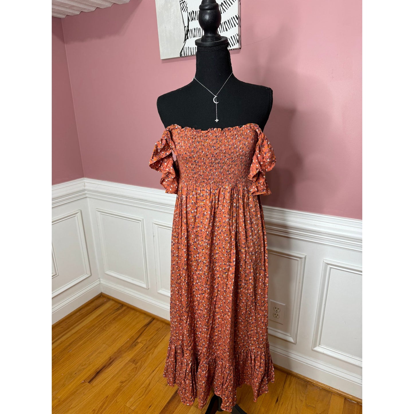 byTimo Floral Maxi Dress Orange Floral Small Short Sleeve Ruffle Smocked Cotton