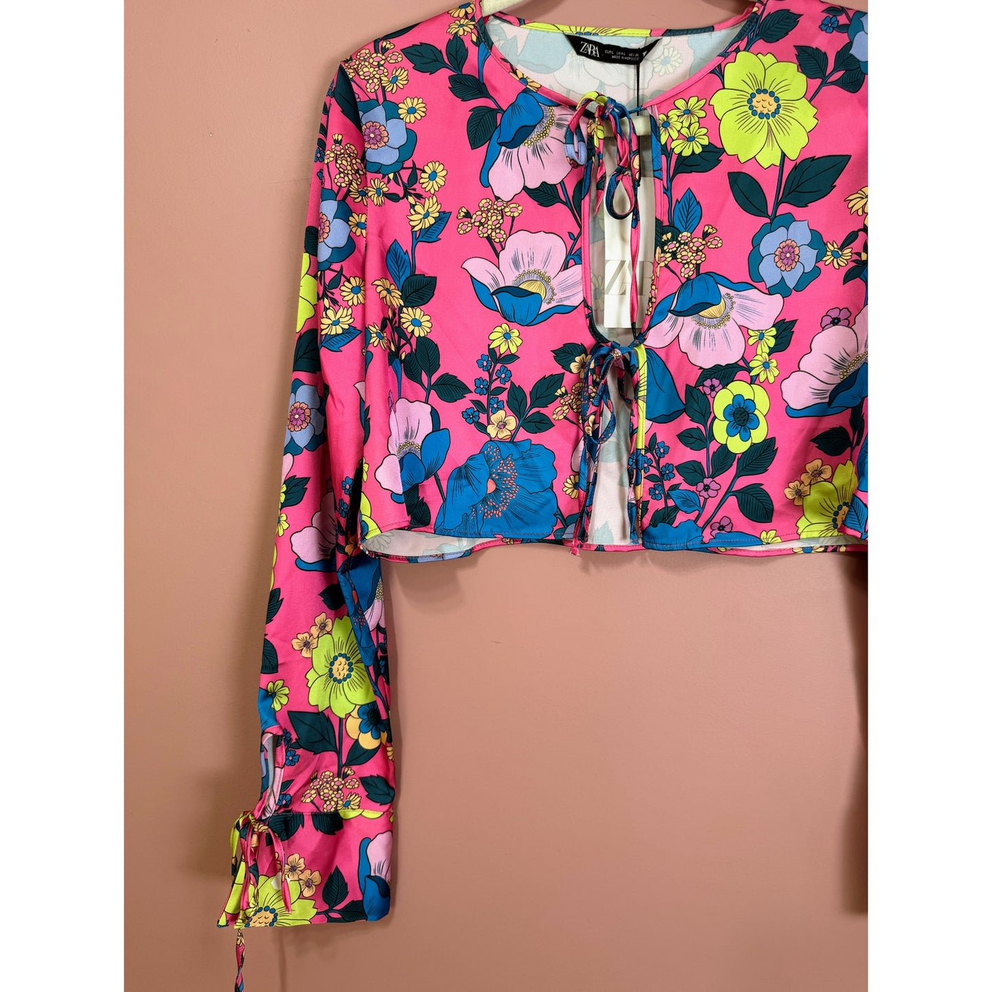Zara Tie-Front Floral Print Satin Effect Top Size Large