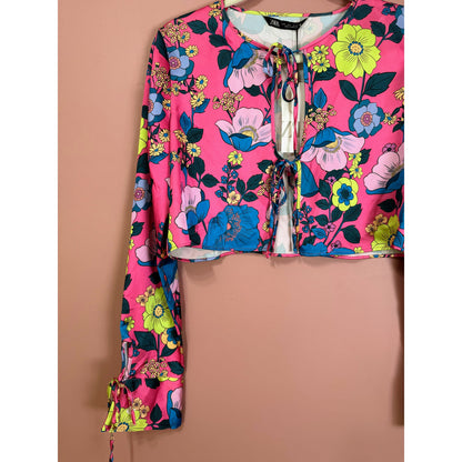 Zara Tie-Front Floral Print Satin Effect Top Size Large