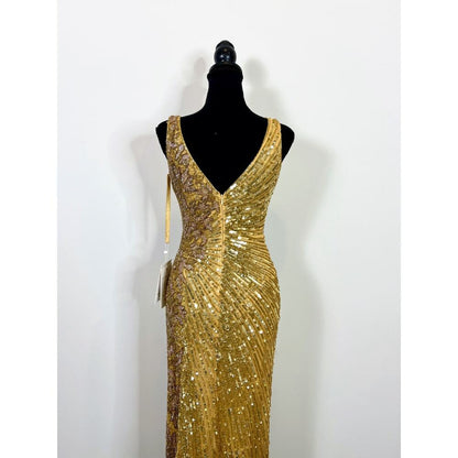 Mac‎ Duggal Gold Sequin Slit Gown Size 2