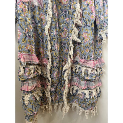 Jaded Gypsy Floral Patchwork Peace Sign Boho Duster Cardigan Blue Pink Fringe