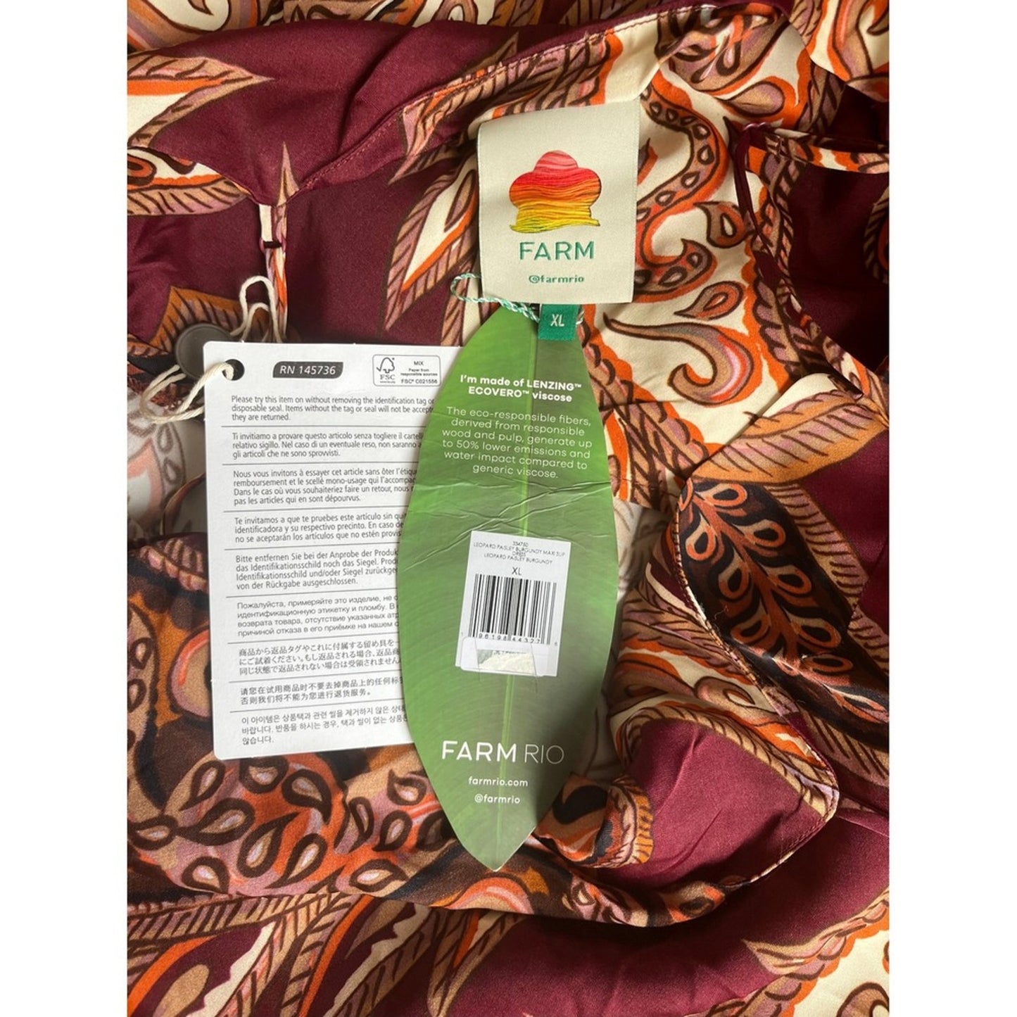 FARM Rio Maxi Slip Dress Paisley Print Burgundy Orange XL
