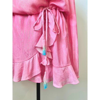 Rococo Sand Mini Dress in Ombre Small Floral Beaded Tasseled Long Sleeve Lined