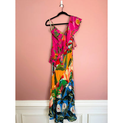 FARM Rio Midi Dress Mixed Flowery Ruffle One Strap Size XS Floral Summer Party