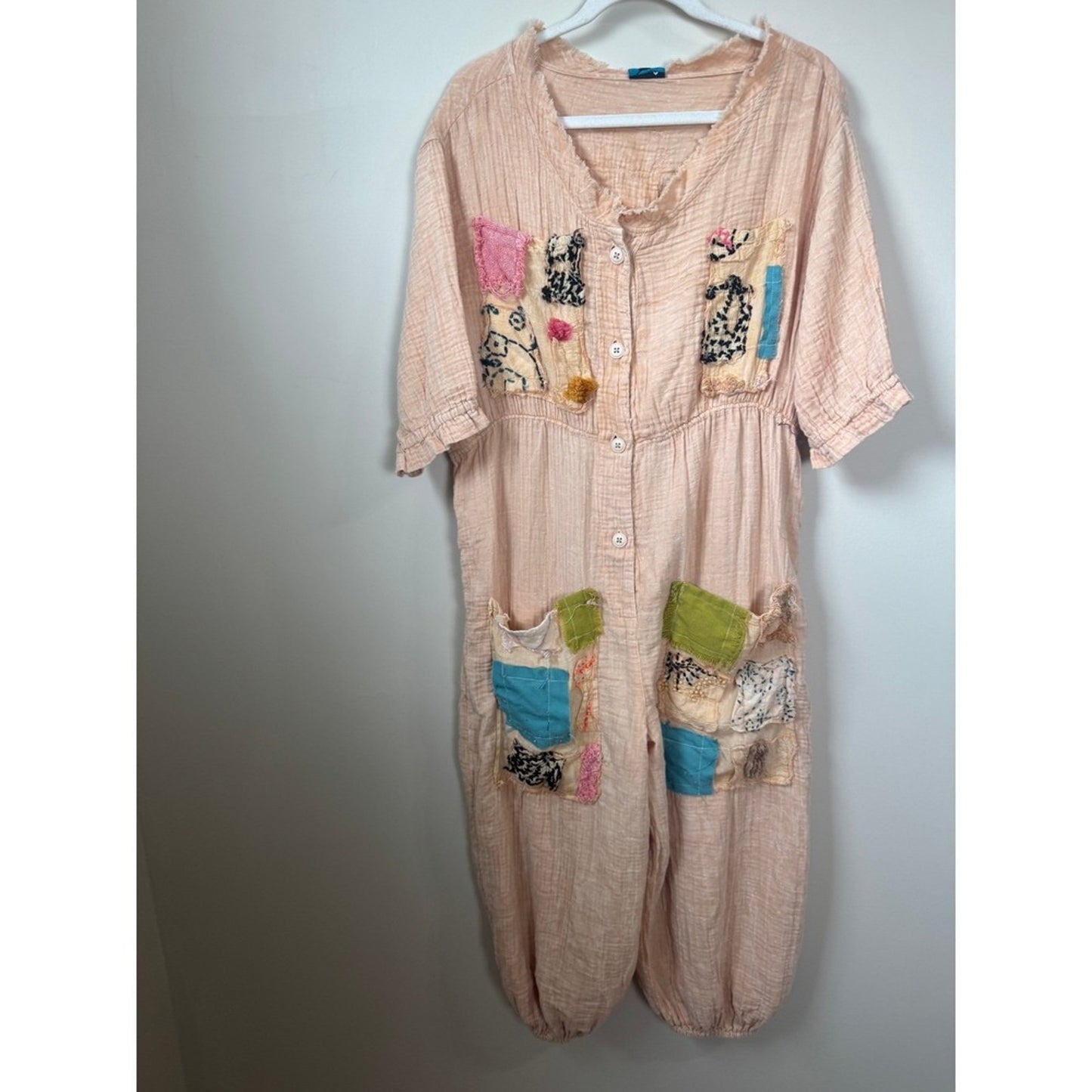 Jaded Gypsy Peach Gauze Patchwork Jumpsuit Boho to Wear One Size Relaxed L/XL