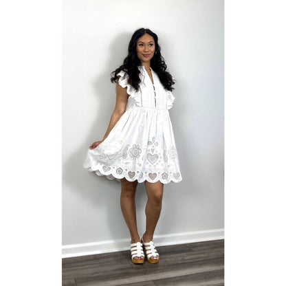 SEA White Jeanetta Eyelet Mini Dress in White‎ Size XS Lace Lined Cotton Party