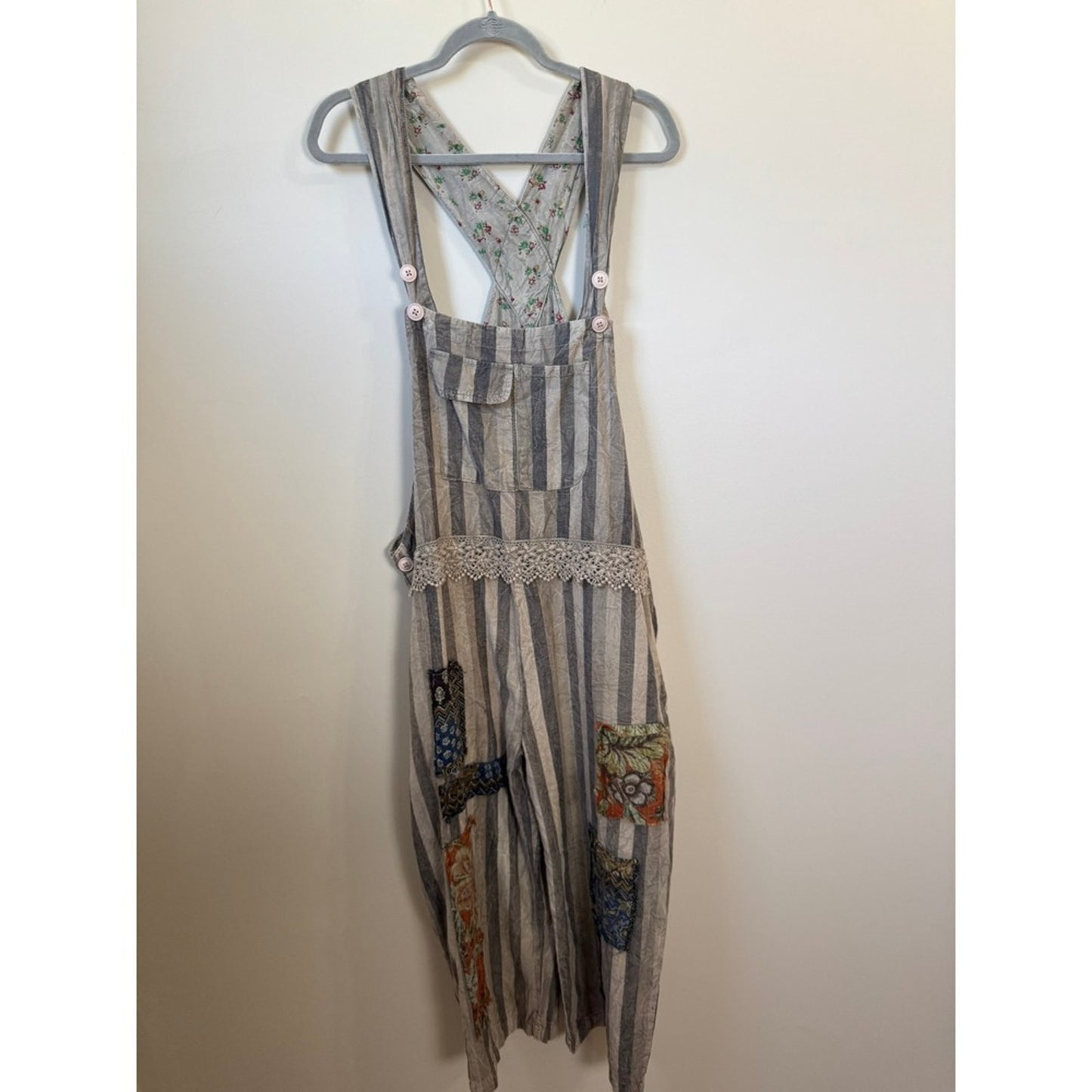 Jaded Gypsy Boho Patchwork Striped Overalls Grey White Lace Trim Slouchy Womens