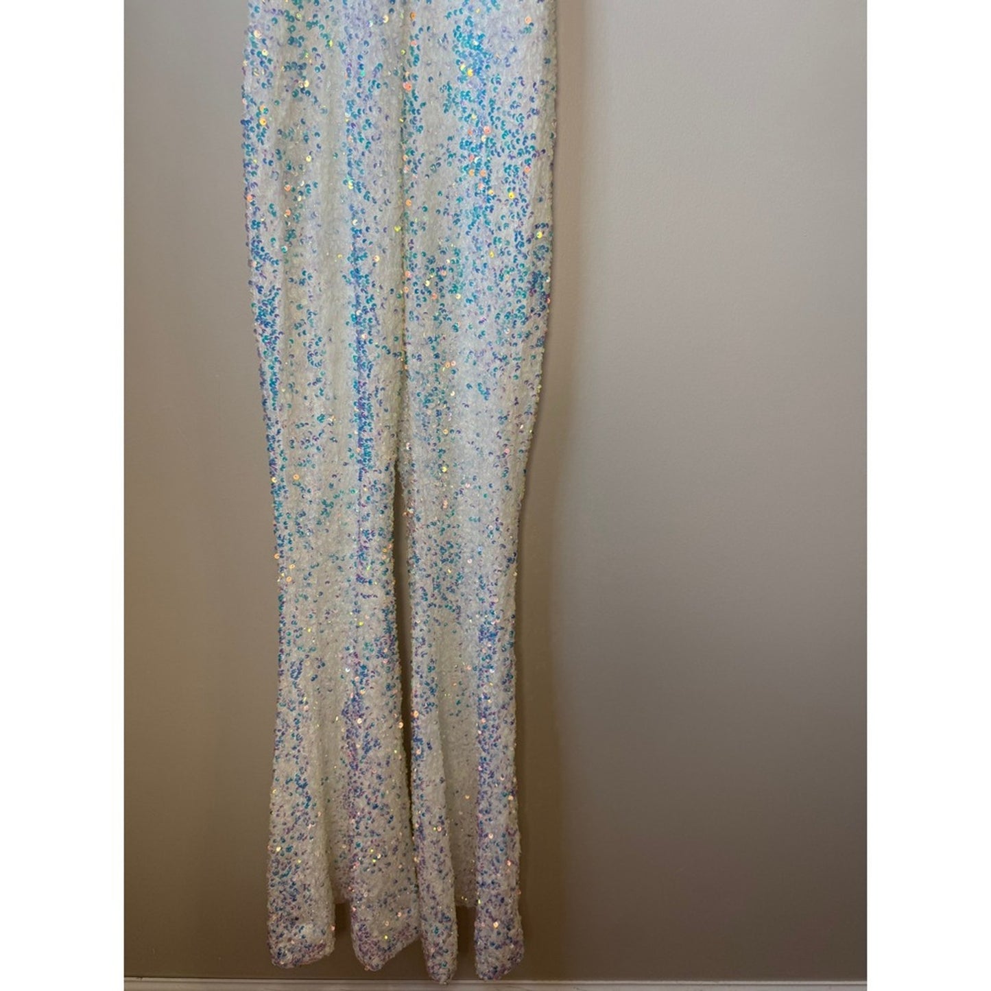 White Iridescent Sequin Halter Jumpsuit Wide Leg Disco Bridal Party Bachelorette
