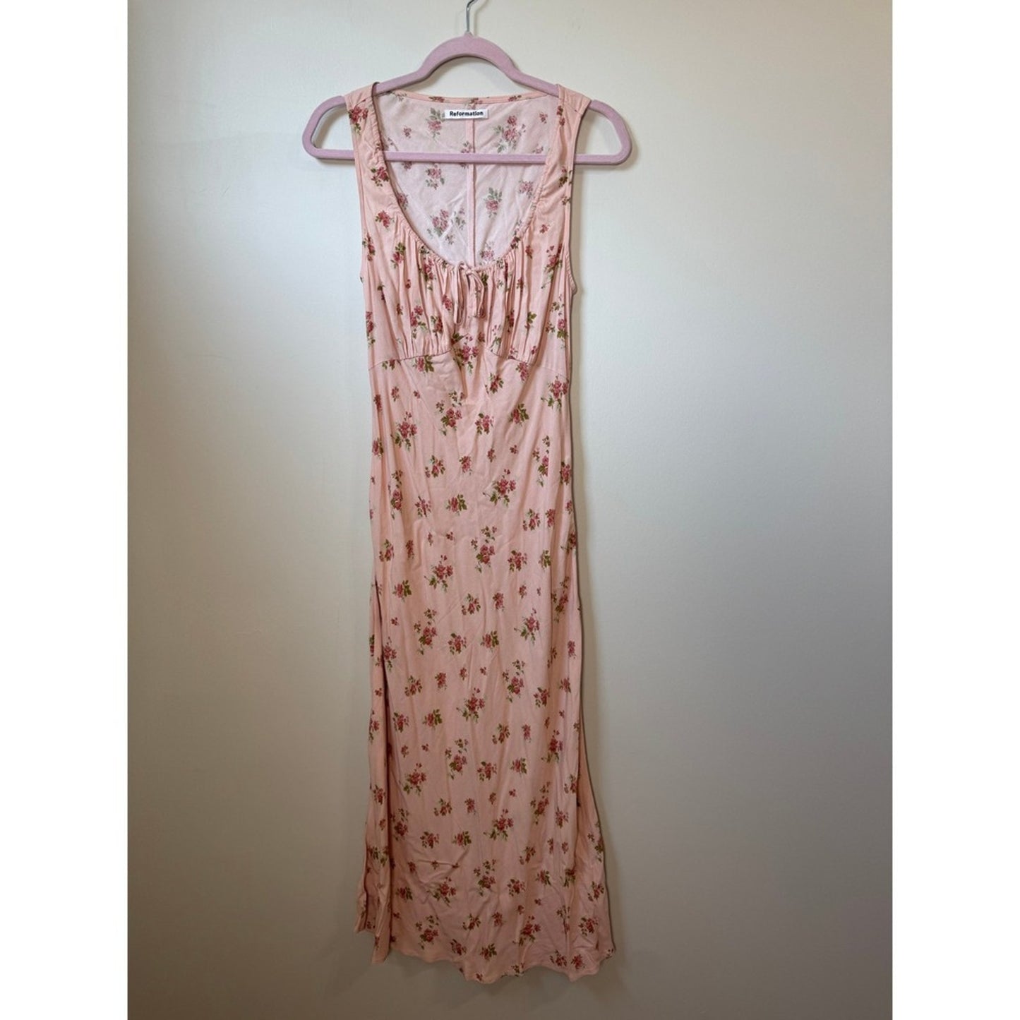 Reformation Pink Floral Midi Dress Milkmaid Gathered Bust Sleeveless Slit Pink