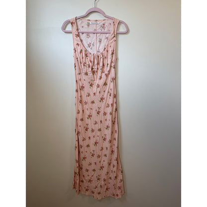 Reformation Pink Floral Midi Dress Milkmaid Gathered Bust Sleeveless Slit Pink