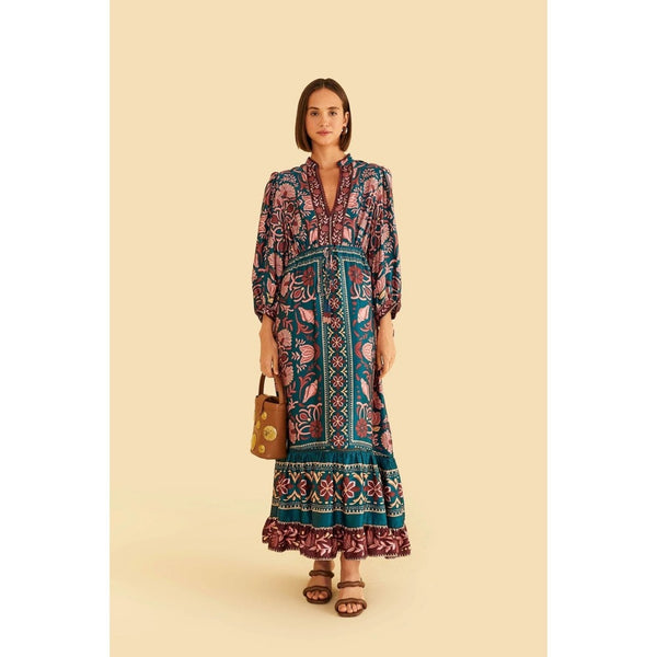 FARM Rio Mixed Prints Maxi Dress Long Sleeve V Neck Tiered Ruffled Hem Size L
