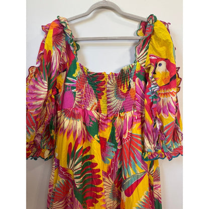 Farm Rio Yellow Tropical Toucan Print Puff Sleeve Ruffle Midi Dress Size L