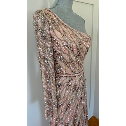 MacDuggal One Shoulder Sequin Gown Maxi in Pink/Silver Size 8 Beaded Long Sleeve
