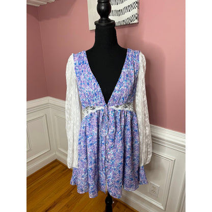 For Love & Lemons April Mini Dress Multicolor Floral Medium Long Sleeve V-Neck