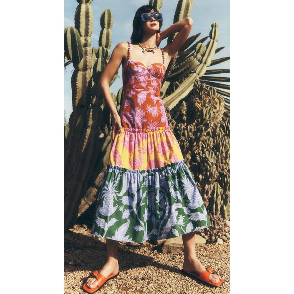 Farm Rio Tropical Print Tiered Midi Dress Rainbow Floral Smocked Bust