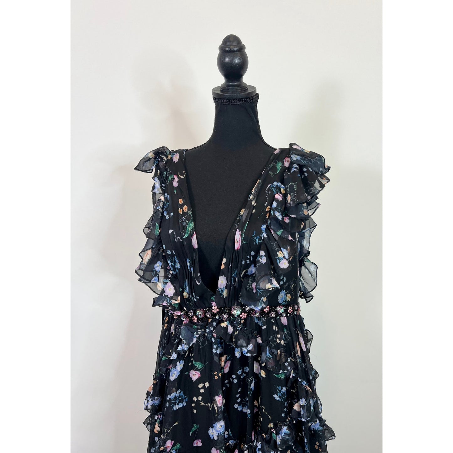 Ieena for Mac Duggal Ruffled Floral Print Cap Sleeve Gown Size 8