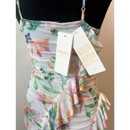 Rococo Sand Susan Halter‎ Mini Dress in White Medium Floral Ruffle Lined Stretch