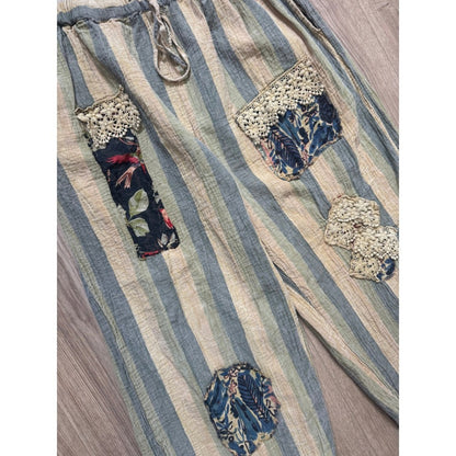 Jaded Gypsy Striped Patchwork Lace Ruffle Wide Leg Pants Blue Cream Boho