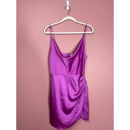 Superdown Arezo Cowl Neck Wrap Mini Dress in Purple Large Satin Cowl Neck Ruched