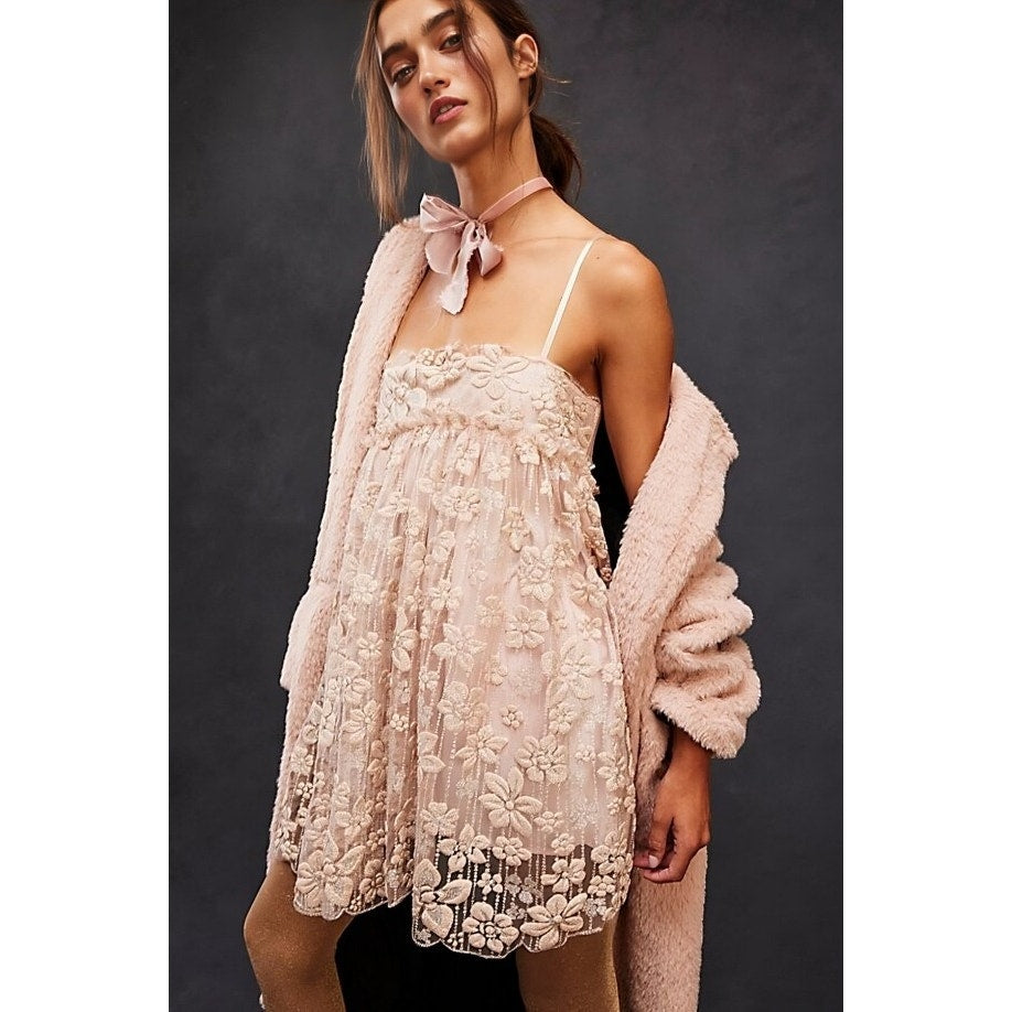 Free People All That Glitters Mini Dress Cream Size XS Babydoll Sleeveless Lined