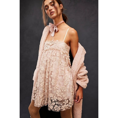 Free People All That Glitters Mini Dress Cream Size XS Babydoll Sleeveless Lined