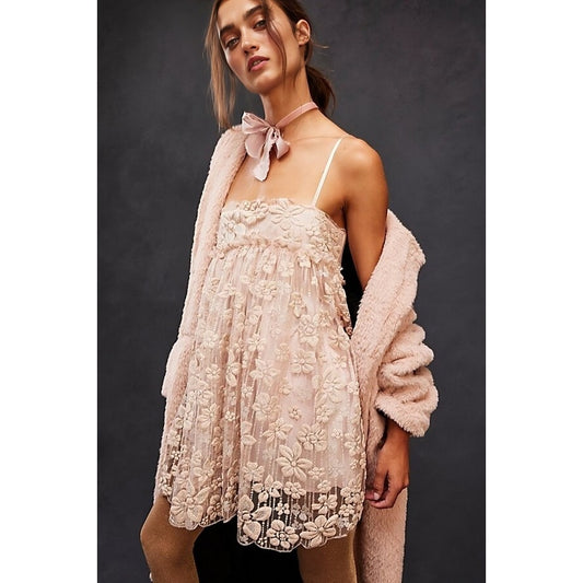 Free People All That Glitters Mini Dress Cream Size XS Babydoll Sleeveless Lined