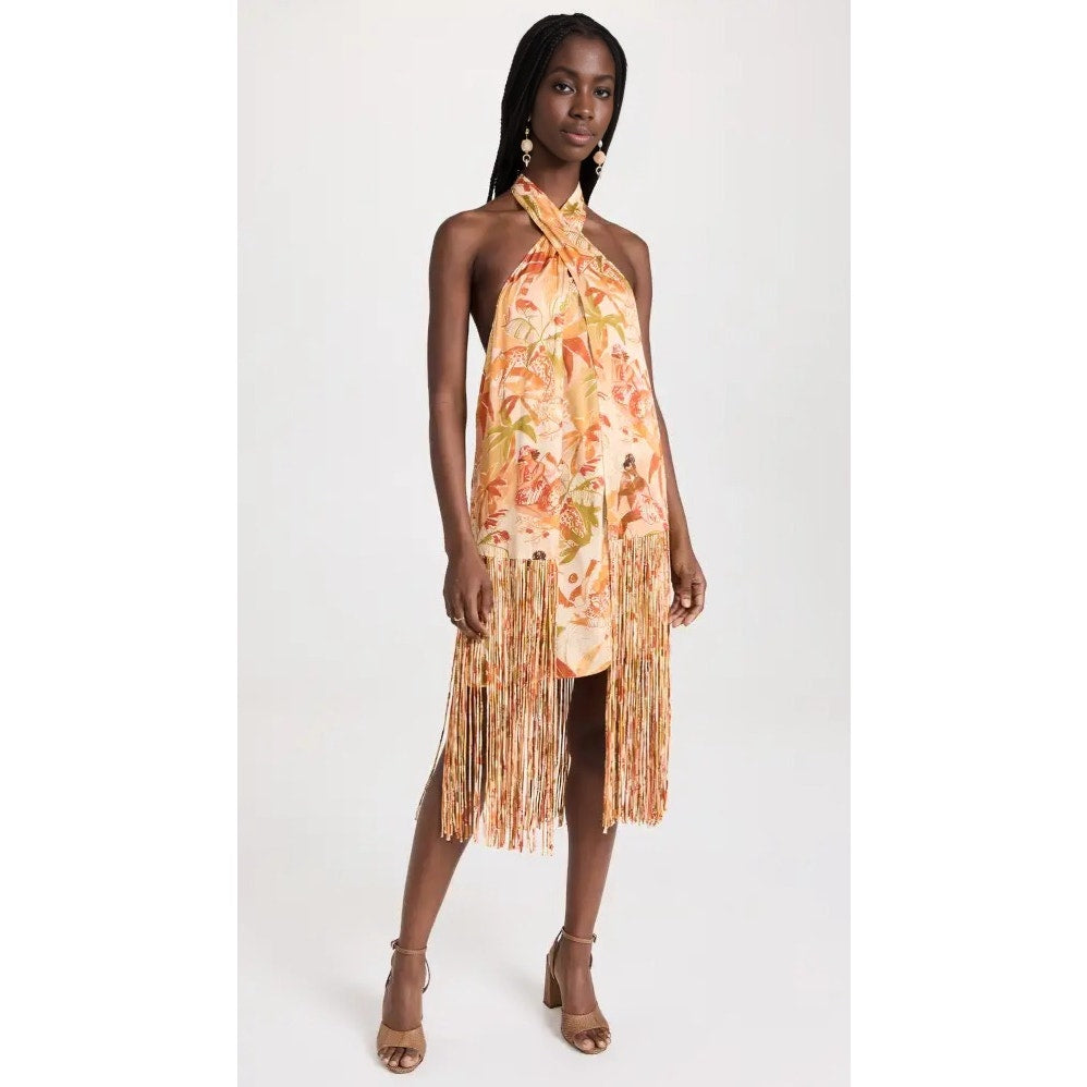 Farm Rio Leopard Forest Sand Mini Dress Multicolor Small Fringe Hem Halter Neck