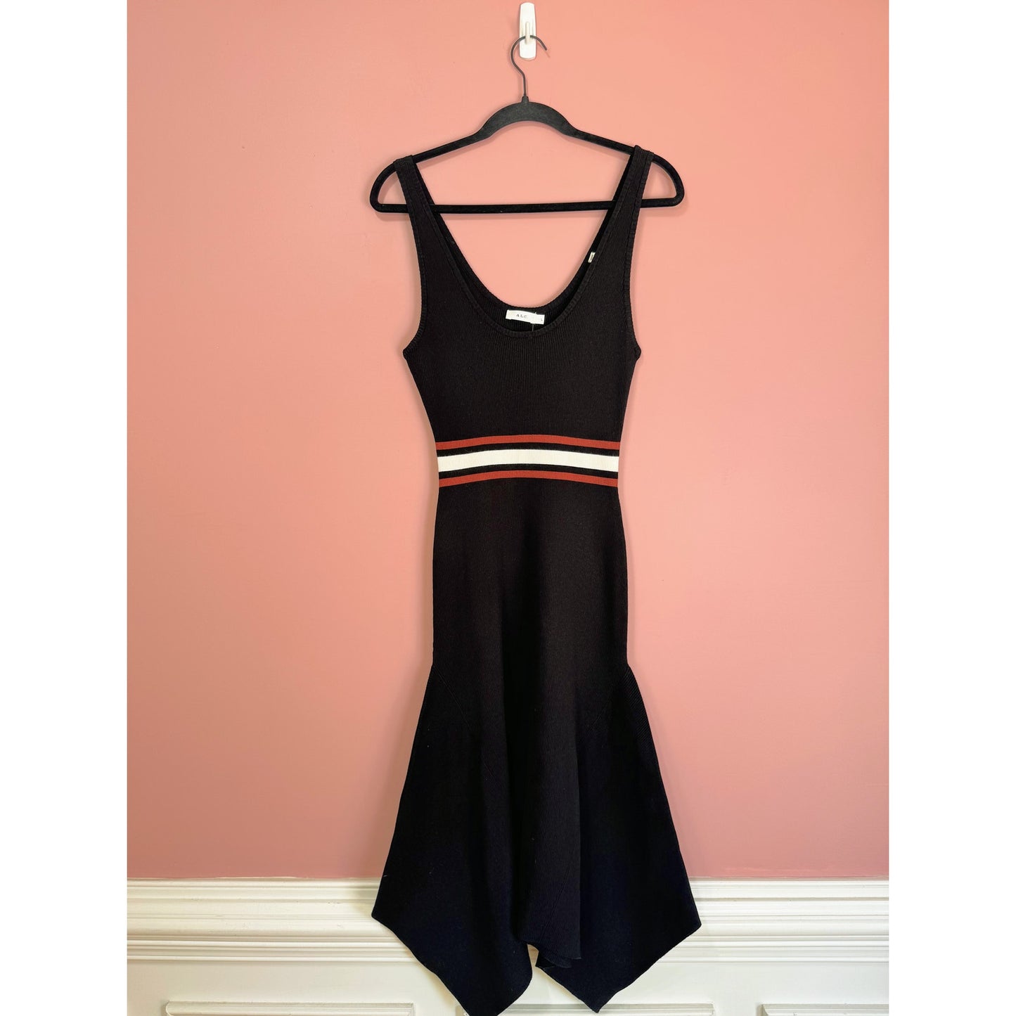 NEW NWT A.L.C. Anders Hankerchief Hem Ribbed Midi Dress in Black Stripe Size Large