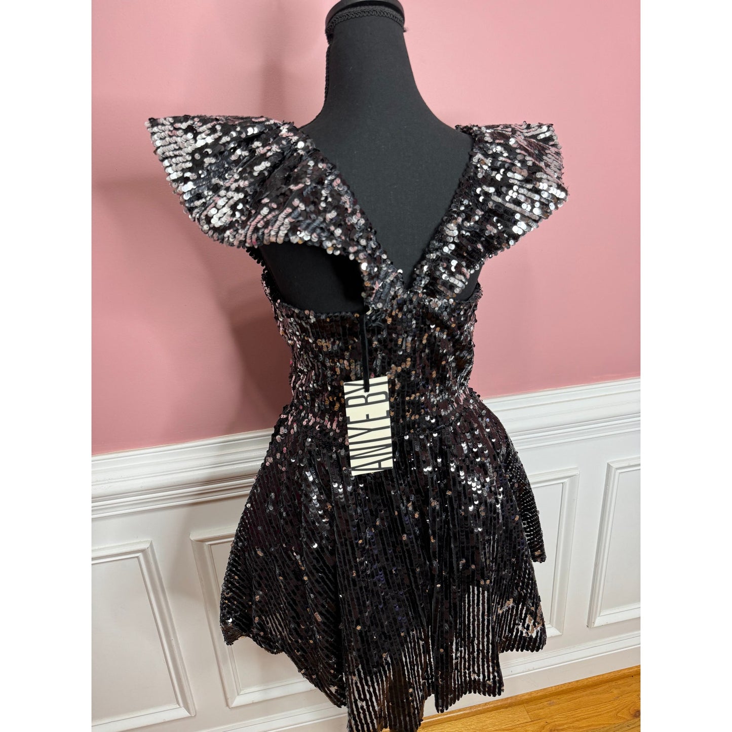 Aniye By Gemma Sequin Mini Dress in Black Medium Flutter Sleeve Ruffle Lined