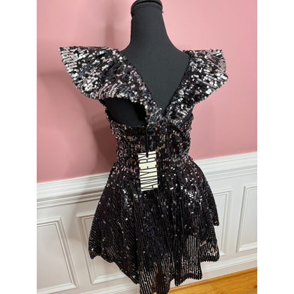 Aniye By Gemma Sequin Mini Dress in Black Medium Flutter Sleeve Ruffle Lined
