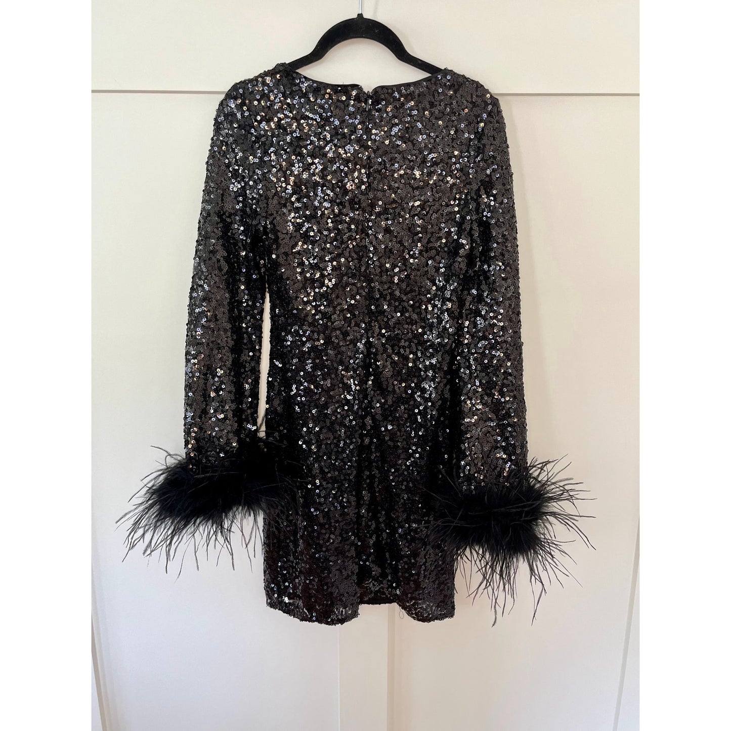 NEW Hutch Long Sleeve Mini Sequin Dress with Feather Cuffs Black Size XXS