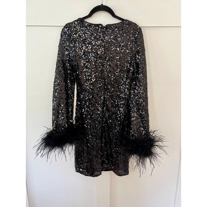 NEW Hutch Long Sleeve Mini Sequin Dress with Feather Cuffs Black Size XXS