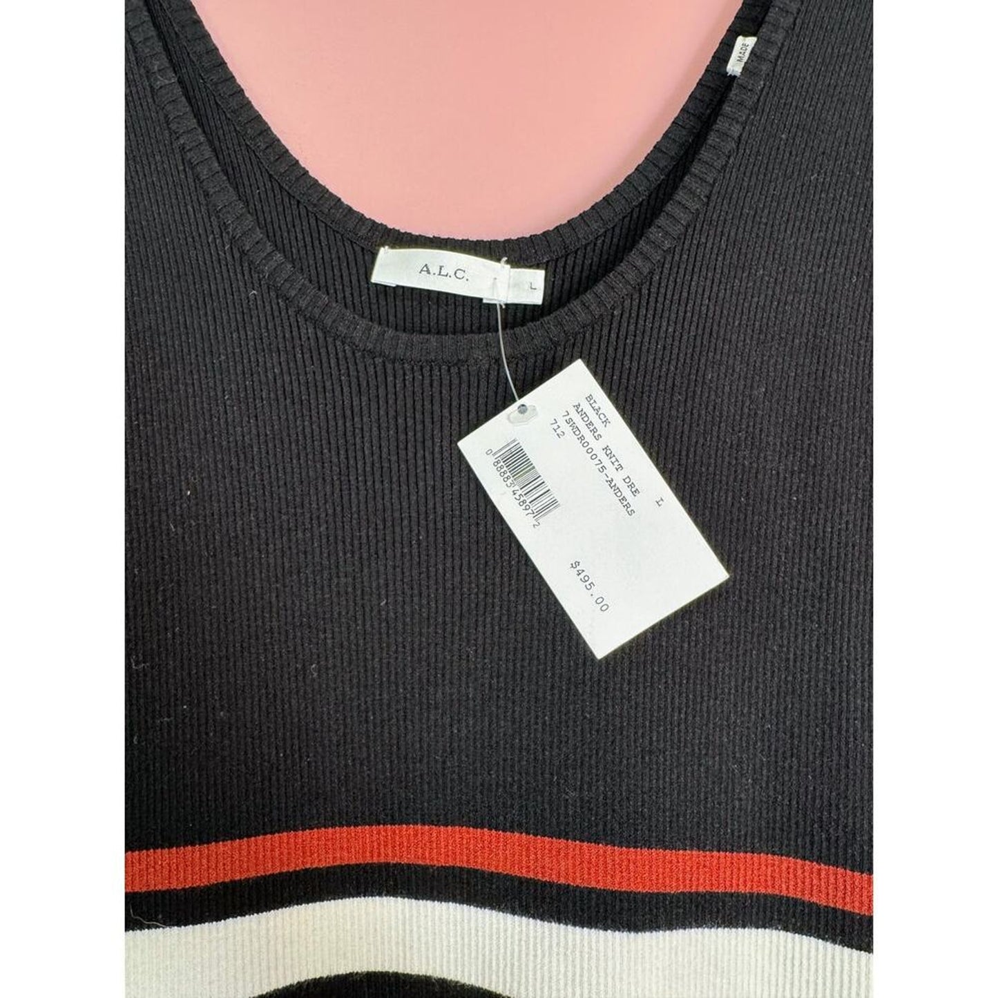 A.L.C. Anders Hankerchief Hem Ribbed Midi Dress in Black Stripe‎ Size Large