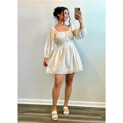 CleoBella Aria Mini Dress White Small Long Sleeve Embroidered Eyelet Tasseled‎