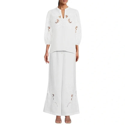 Johnny Was Jade White Linen Embroidered Tunic and Wide Leg Pant Set Womens Large