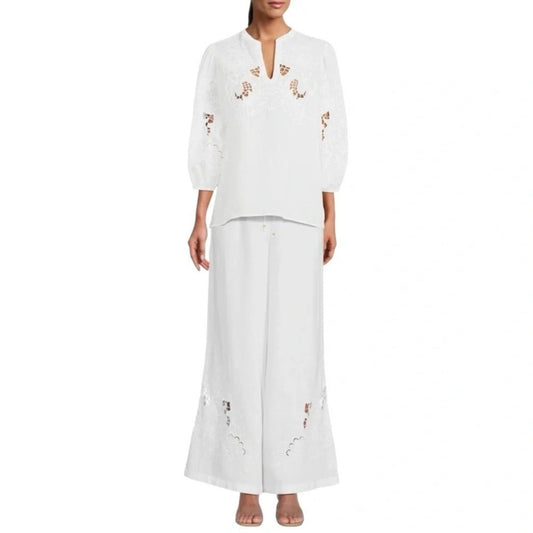 Johnny Was Jade White Linen Embroidered Tunic and Wide Leg Pant Set Womens Large