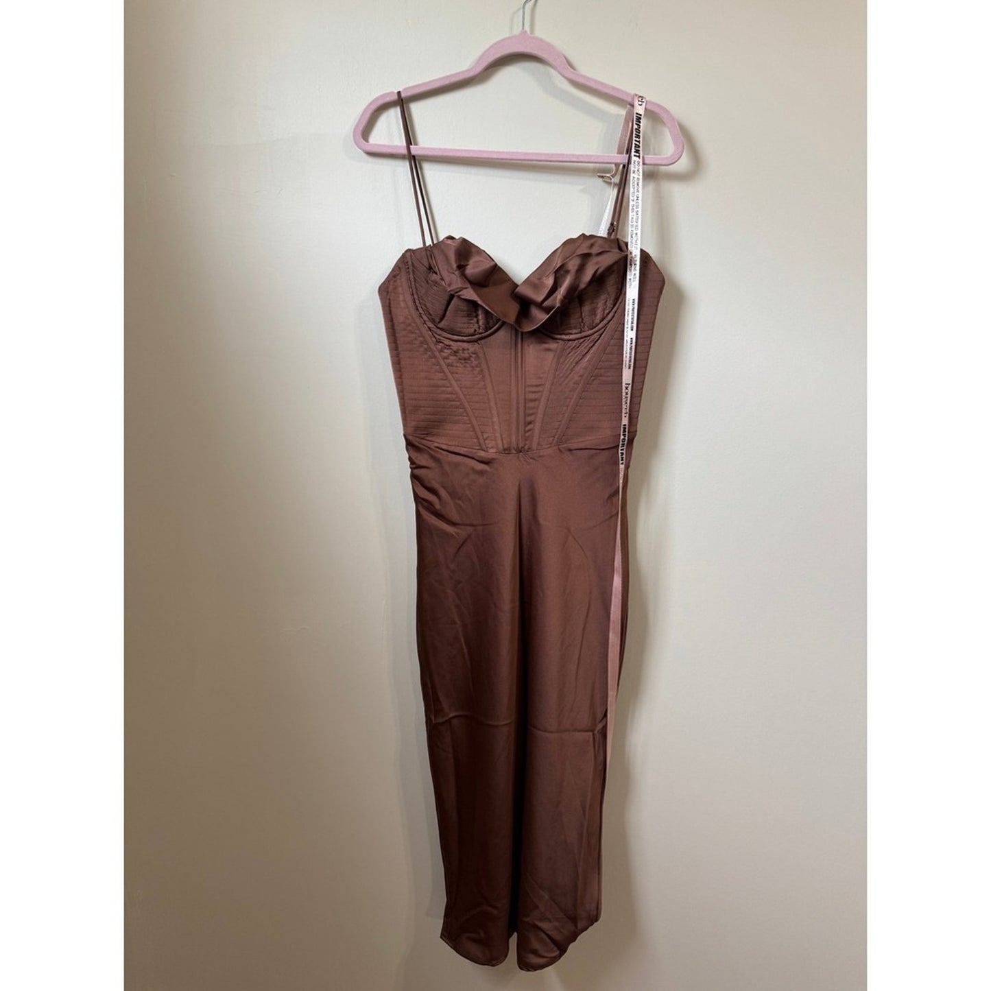 House of CB Brown Satin Corset Cowl Neck Midi Dress Chocolate Boned Bodice NWT