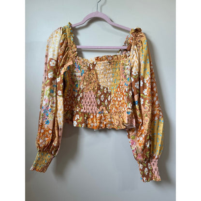 Spell & The Gypsy Collective Patchwork Floral Smocked Crop Top Mustard Orange