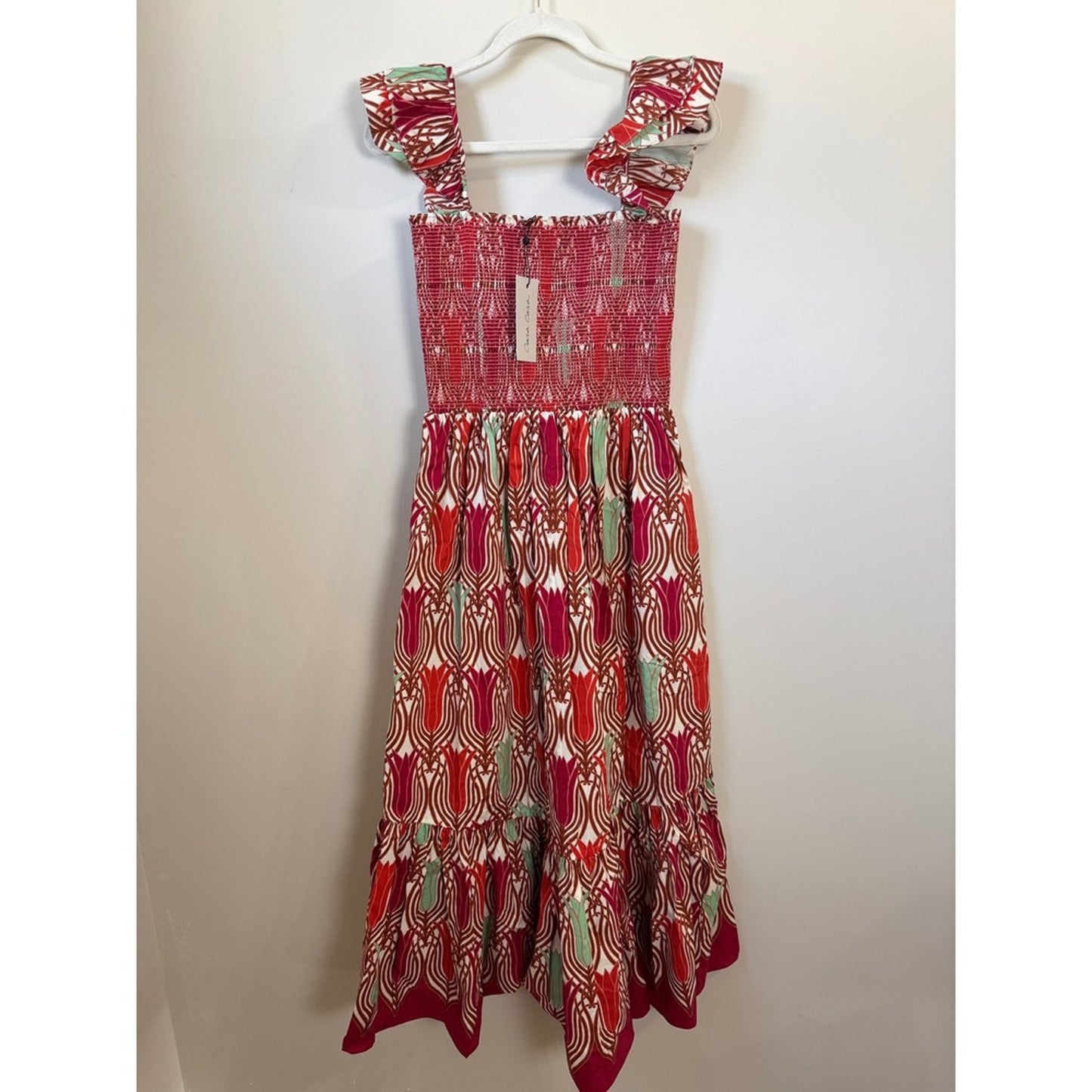 Cara Cara Smocked Midi Dress Red Tulip Print Ruffle Strap Tiered NWT